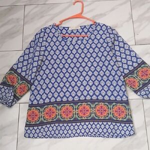 FRESH TART Womens Size M Blue Geometric Quarter Sleeve Top